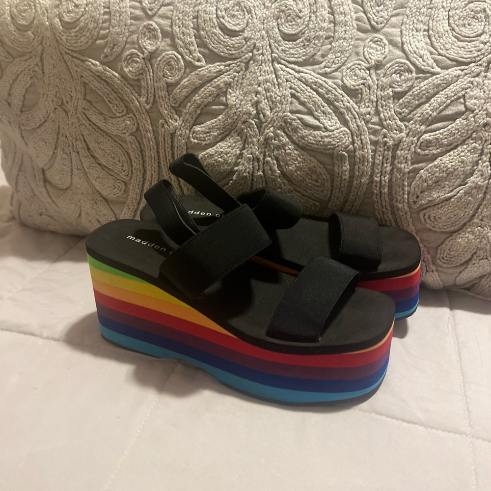 (SOLD) Madden Girl Black Platform Sandals with Rainbow Sole
